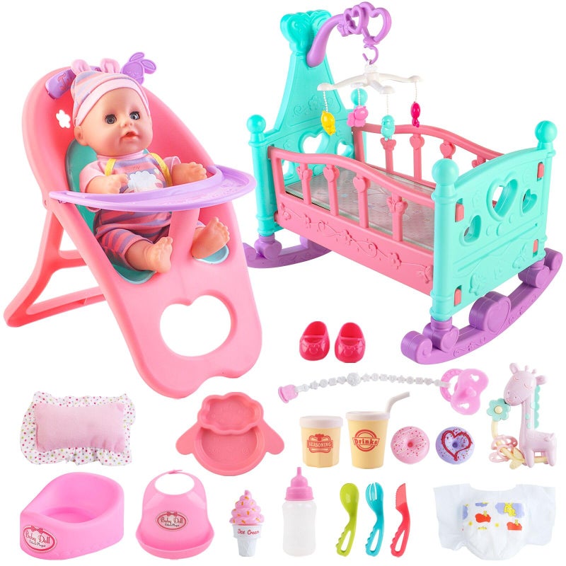 deAO Baby Doll Set with Crib Bed High Chair Stroller Baby Doll Accessories 20 Pieces Play Set Birthday for Girls Boys Kids - Image 1